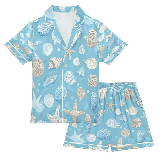 Silky Satin Kids' Pajama Set Breathable & Smooth Unisex Button-Down Pajamas Light Blue Seashells and Starfish