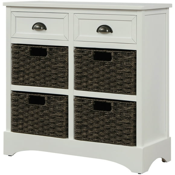 28 Inch Farmhouse Storage Cabinet with 2 Drawers & 4 Rattan Baskets, No Assembly Required Side Table for Bedroom, Living Room, Dining Room, Nightstand, Hallway