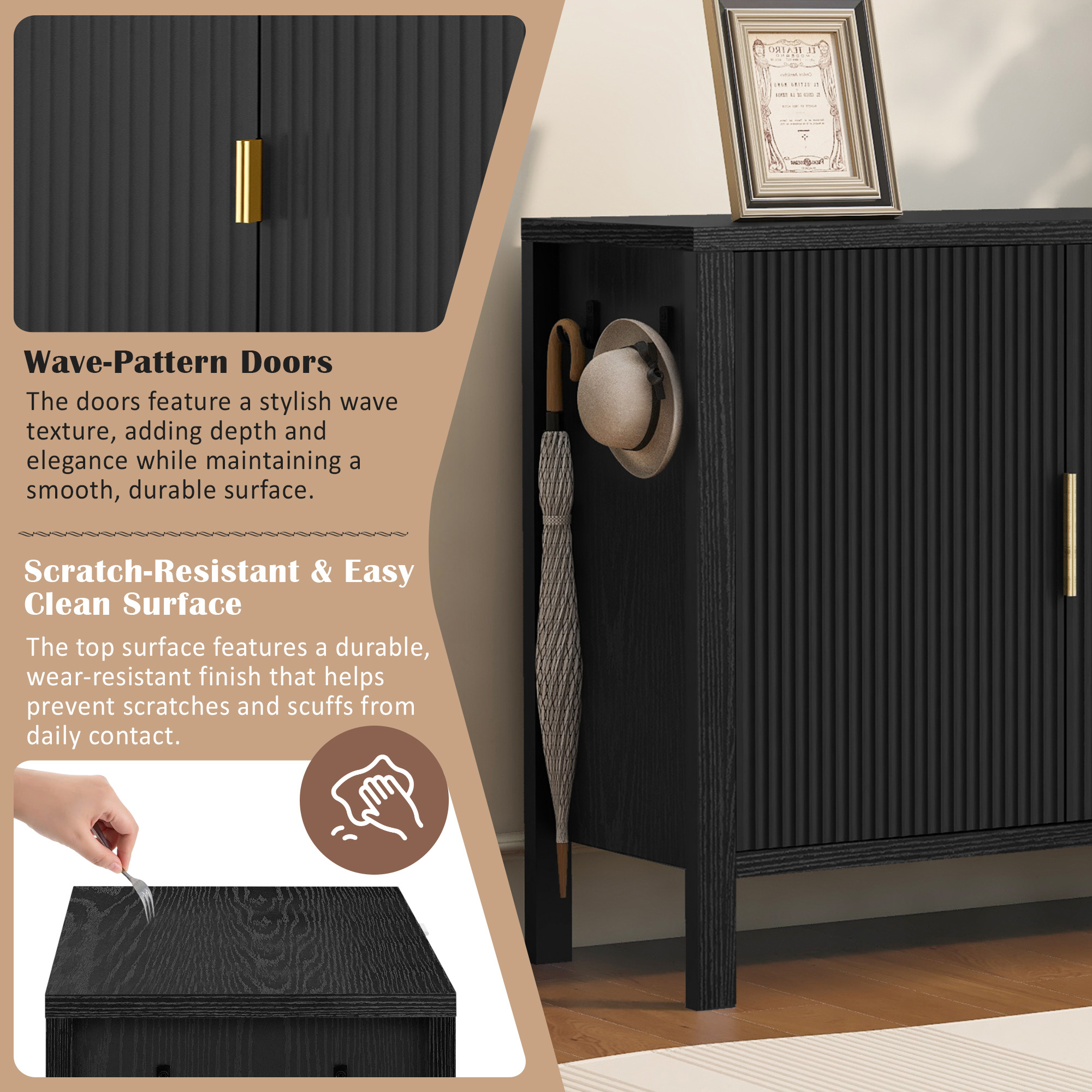 Euroco 55" Sideboard Buffet Cabinet with 3 Drawers, Modern Wave-Pattern Coffee Bar with Hooks and Extra Center Leg,Suitable for Living Room, Dining Room,Entryway,Black
