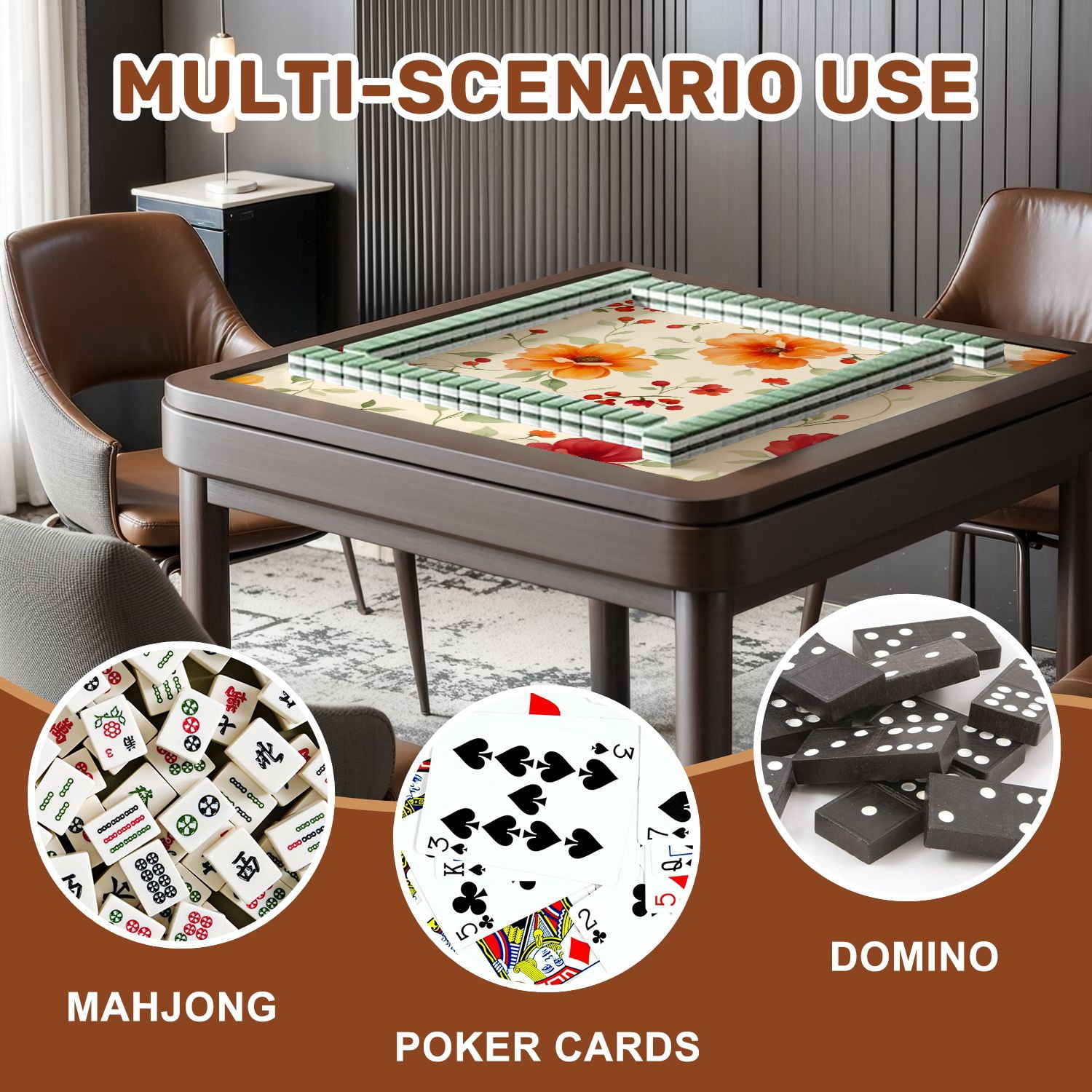 Mahjong Mat 31.5" x 31.5" Vintage Floral Orange Red Flowers Beige Non-Slip Noise Reduction American Mahjong Tiles Table Cover for Dominoes Poker Card Board Games Gift