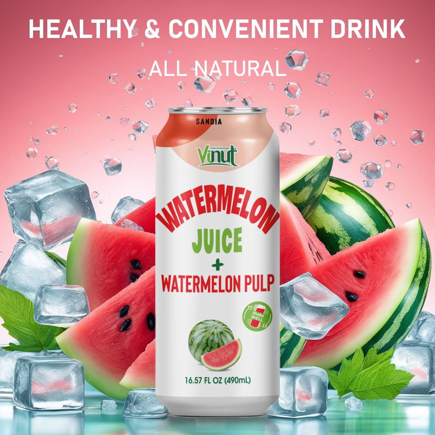 Vinut 100% Watermelon Juice With Pulp (16.57 fl oz, Pack 12), No Sugar Added, Fresh, Natural, Not from Concentrate (NFC)
