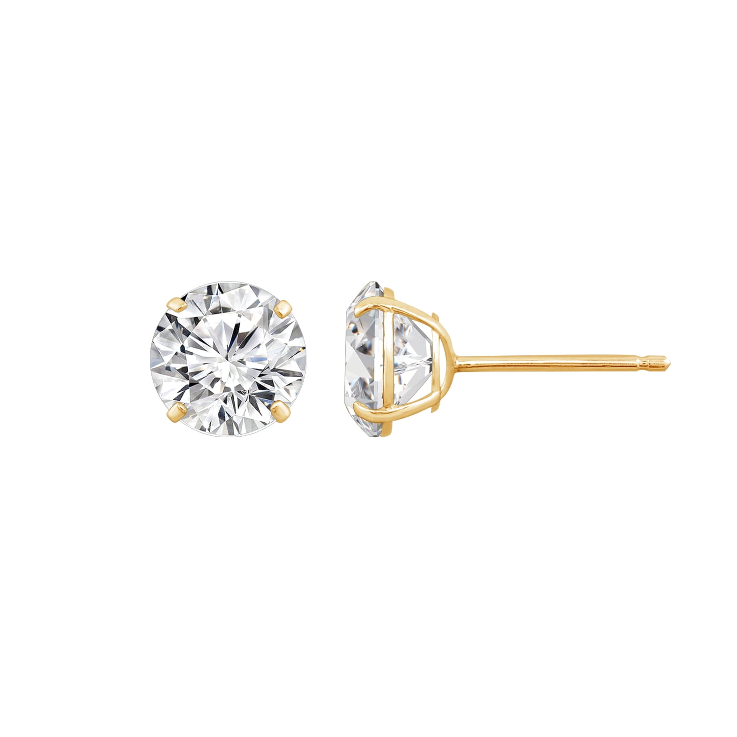 DIAMONBLISS 14K Real Solid Gold Stud Earrings for Women | 14K Yellow Gold Round Cut Solitaire Studs | 2 carat Cubic Zirconia CZ Diamond Simulant