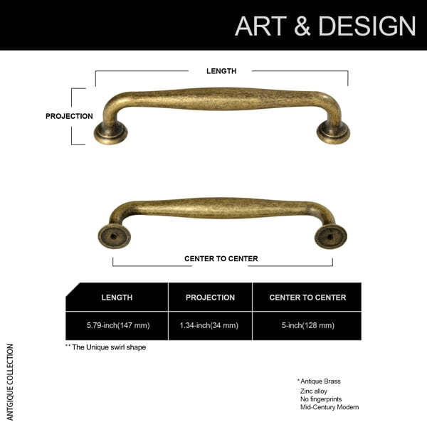 Goo-Ki 6 Pack Vintage Antique Brass Zinc Alloy Cabinet Handles - 5''(128mm) Hole Center Cabinet Pull Hardware for Bedroom, Kitchen