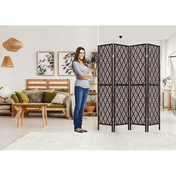 Legacy Decor 4 Panels Screen Room Divider Rattan Cane Webbing Insert with Decorative Cut Outs, Espresso Color, Freestanding