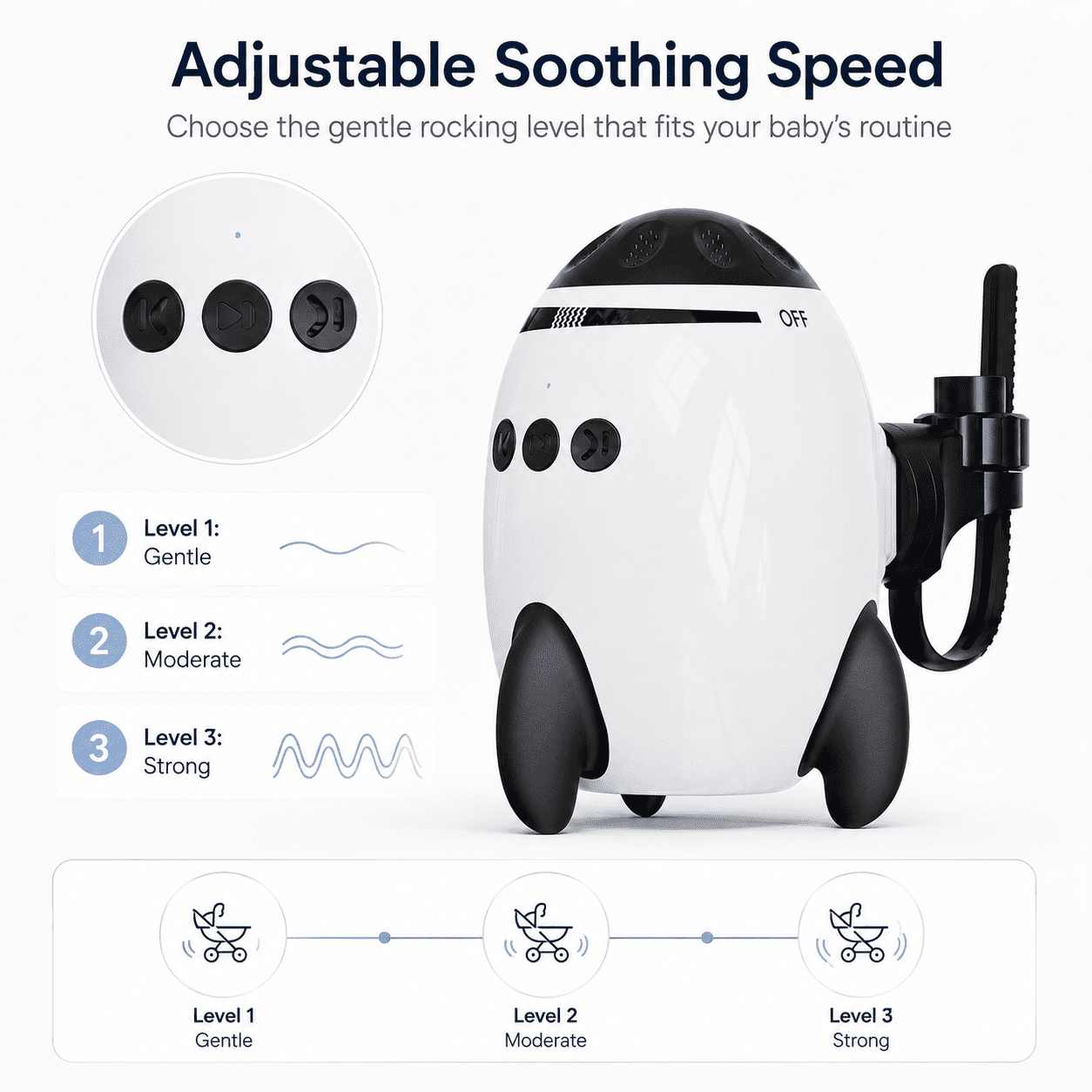 JDMEOPD Baby Stroller Rocker, Black Clip-On Vibrating Soother with Bluetooth Speaker and 11 Sounds for Stroller and Pram