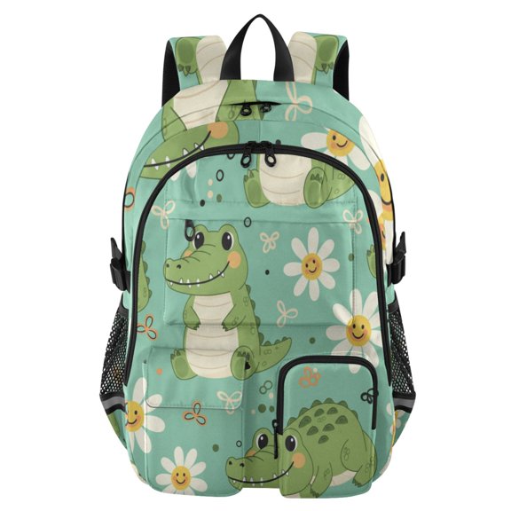 DIXRUYEE Cute Little Daisy Cartoon Crocodile Backpack for School 14”Laptop Compatible with Reflective Safety Strips