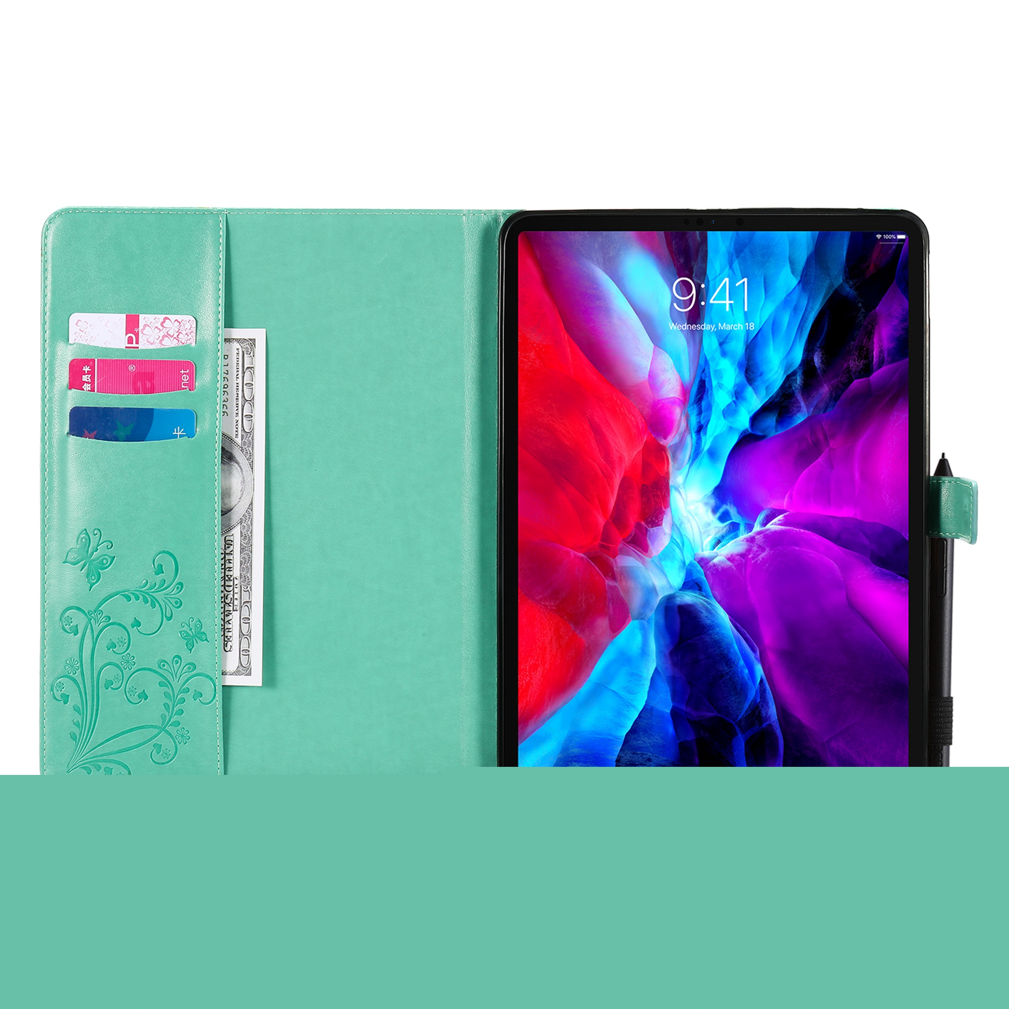 thumbnail image 4 of iPad Pro 12.9 inch 4th Generation 2020 & 2018 Case, Dteck Slim Fit Embossed Flower Pattern PU Leather Folio Stand Case with Card Holders Cover, Green Butterfly, 4 of 6