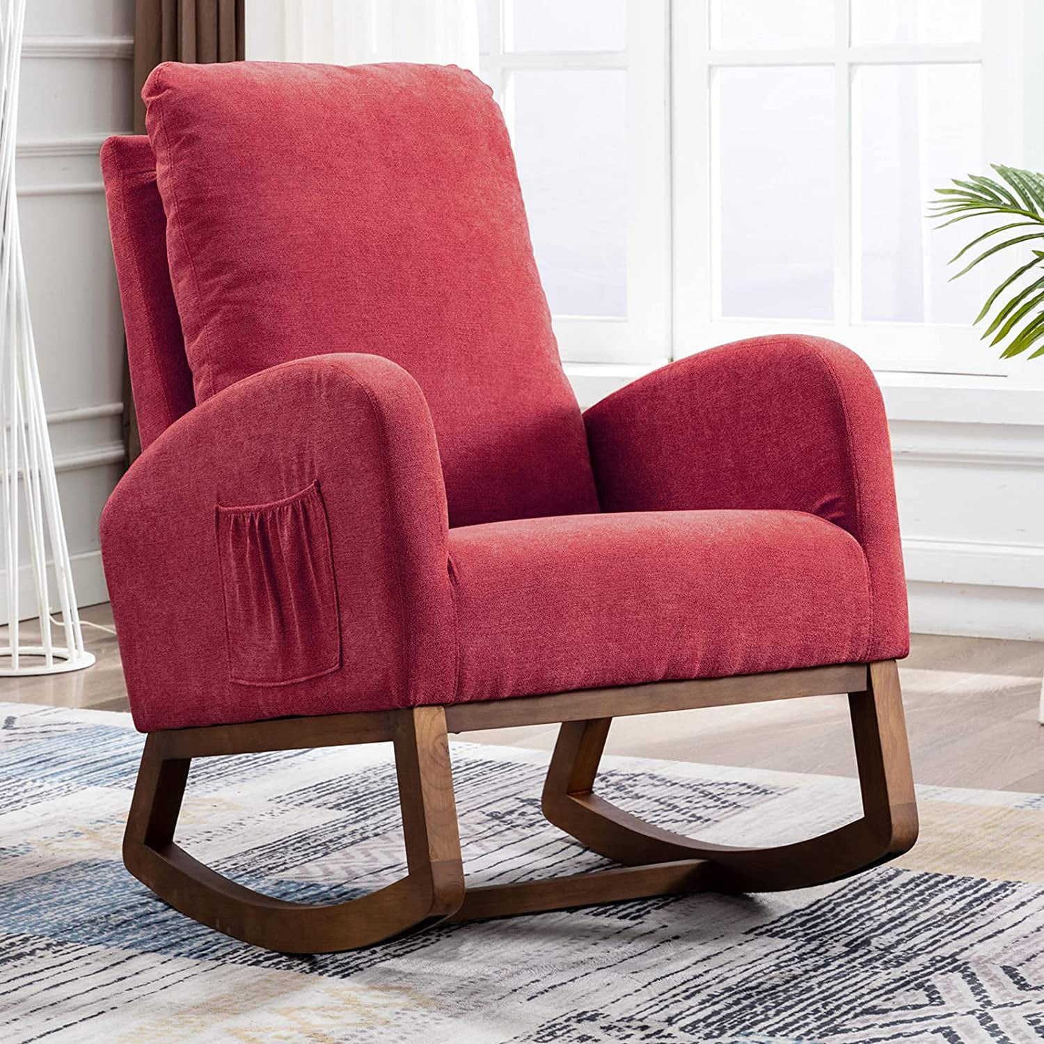 Velvet/Linen/PU Rocking Chair Relaxing Armchair Ergonomic Padded Seat Wing Back 