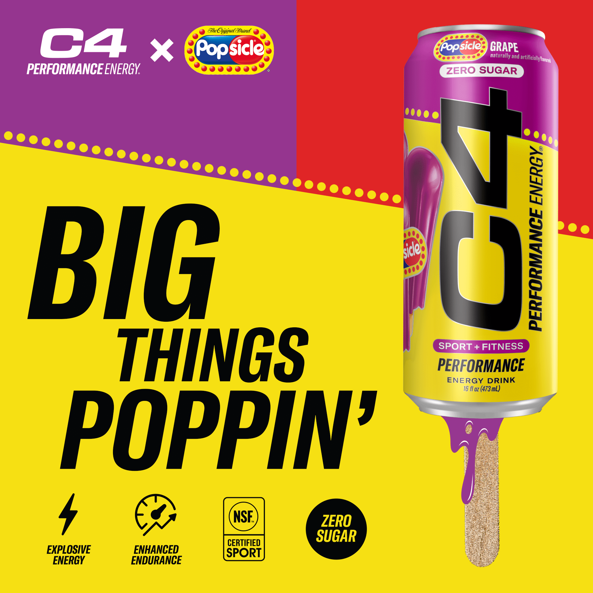 (4 pack) C4 Performance Energy Drink, Grape Popsicle, 16 fl oz Single Can