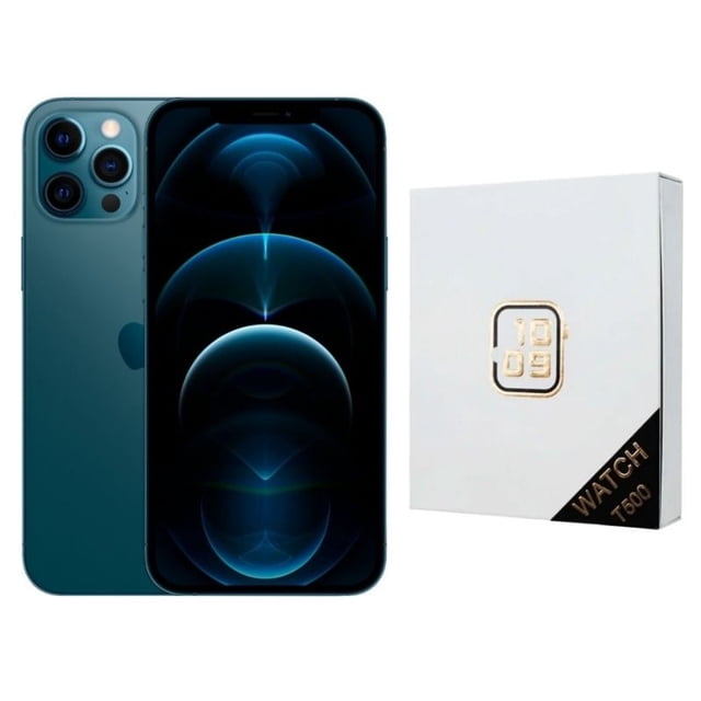 apple iphone 12 pro max 256gb reacondicionado azul + reloj inteligente genérico apple iphone mgcn3ll/a, vista frontal y trasera del iPhone azul con pantalla Super Retina XDR OLED de 6.7" y módulo de cámara triple en esquina; caja blanca del reloj inteligente a la derecha; equipo reacondicionado desbloqueado con 256GB, conectividad Wi‑Fi 6 y Bluetooth 5.0, a menudo usado como teléfono principal o secundario de viaje.