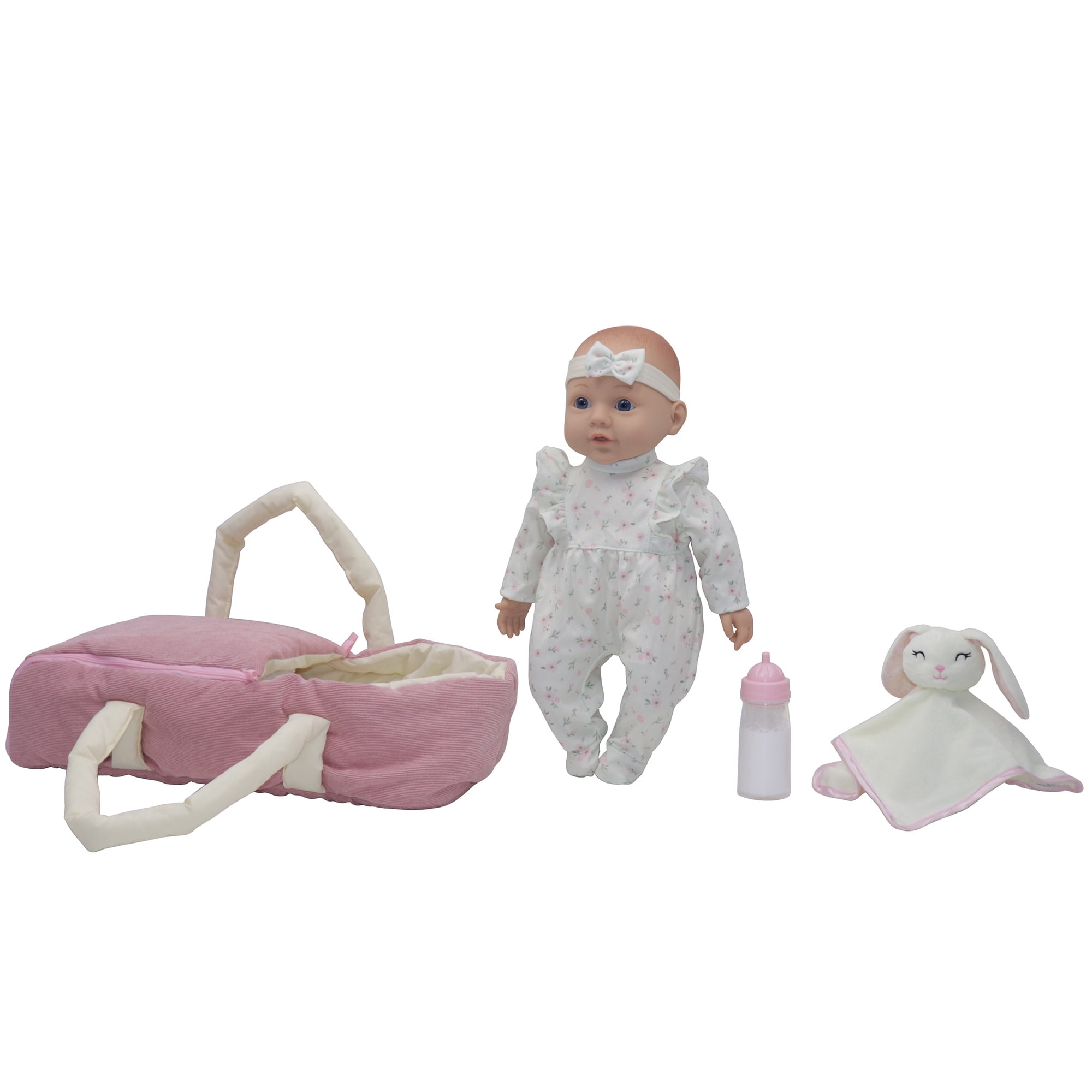 Baby Dreami: 16" Baby Doll Bassinet Playset - White & Pink Floral Onesie, Plush Animal Rabbit Blanket, Carry Bed, Feeding Bottle Toy, Kids-Toddlers 2+