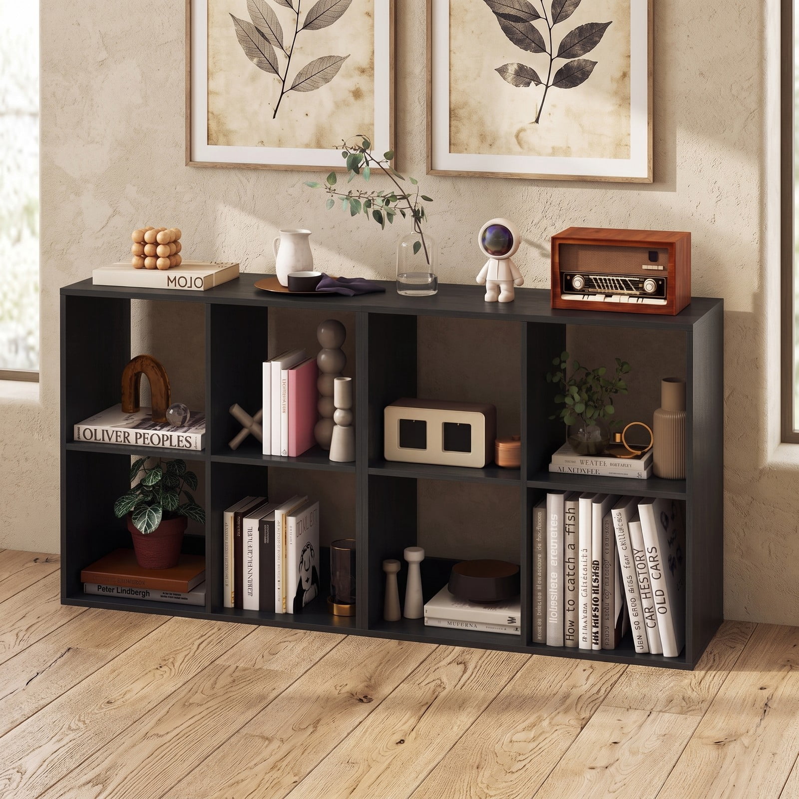 Furnibear 4 Cube Bookshelf, Wood Cube Storage Organizer Bookcase with Back Guardrail and Anti-Tip Kit for Living Room Bedroom Home Office, Black
