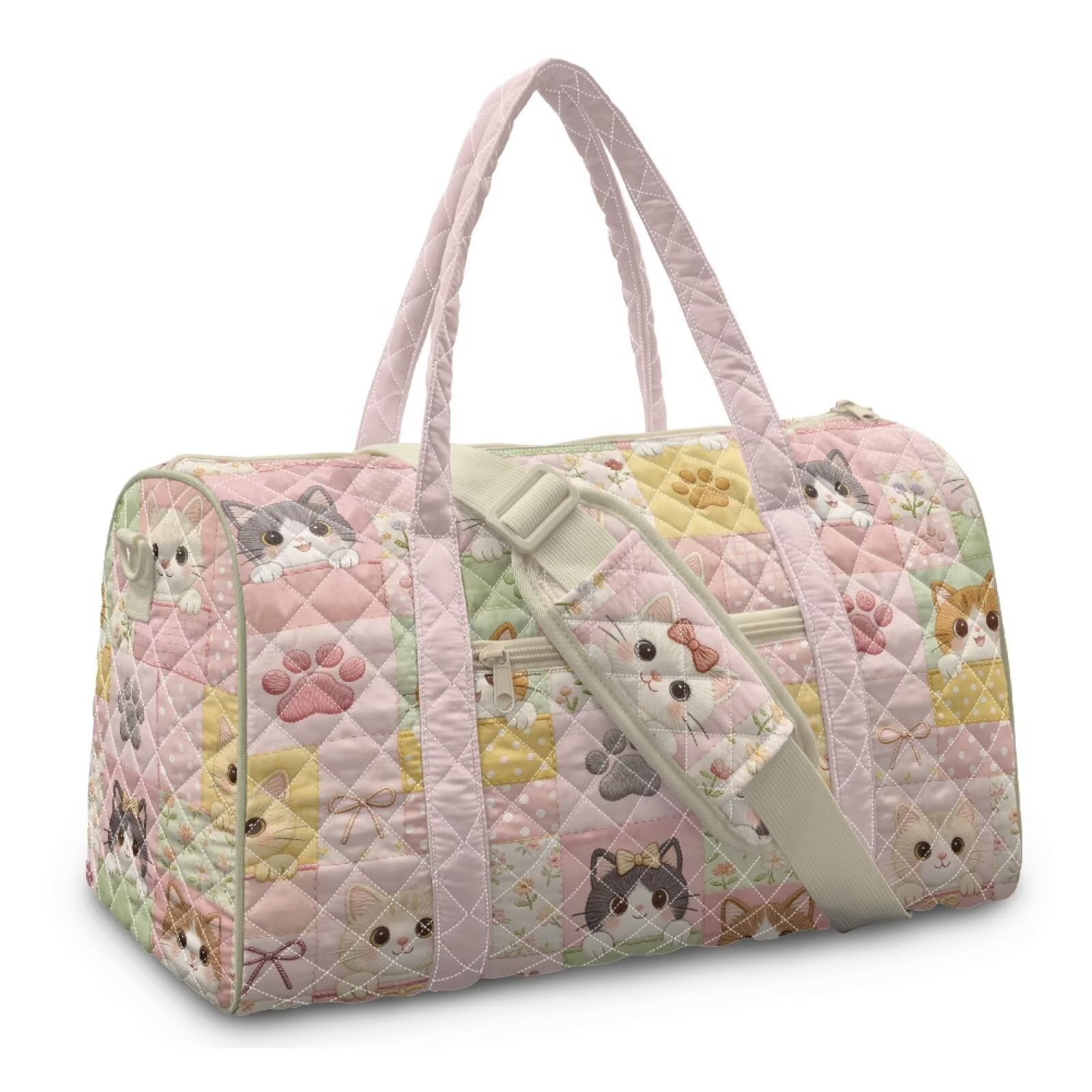 Garronmavis Cute Cat Print Large Quilted Duffle Bag for Women, Lightweight Weekender Travel Overnight Gym Dance Carry On Tote Bag with Luggage Sleeve