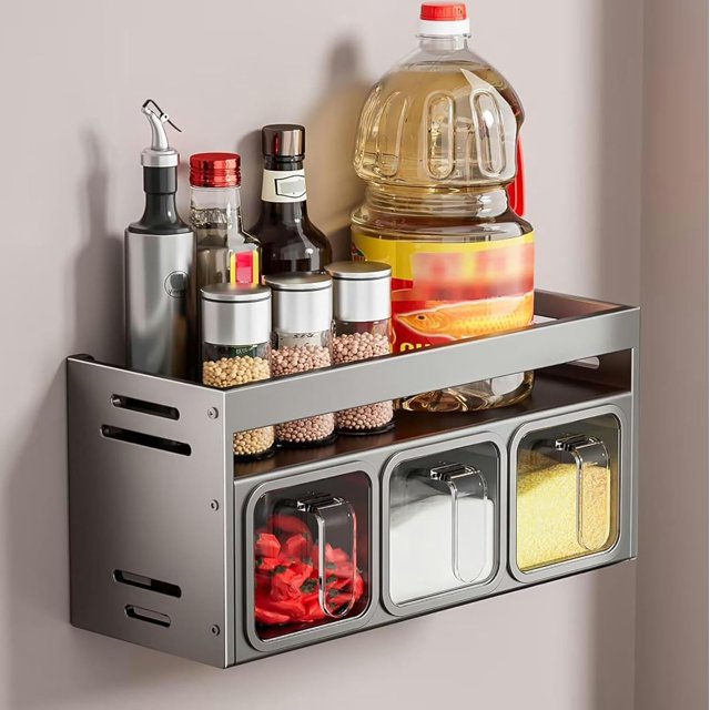 Spice Rack, Spice Organiser with 3 Spice Box, Spice Rack Wall Mounted/Countertop, Strong Spice Shelf, Spice Storage for Inside Cupboard, Seasoning Organizer for Kitchen Herbs Jars