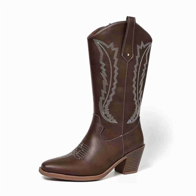 Women's Western Cowboy Boots with Embroidered Design, Mid-Calf Knee-High Boots, Pointed Toe & Chunky Heel, Vintage Style Riding Boots
