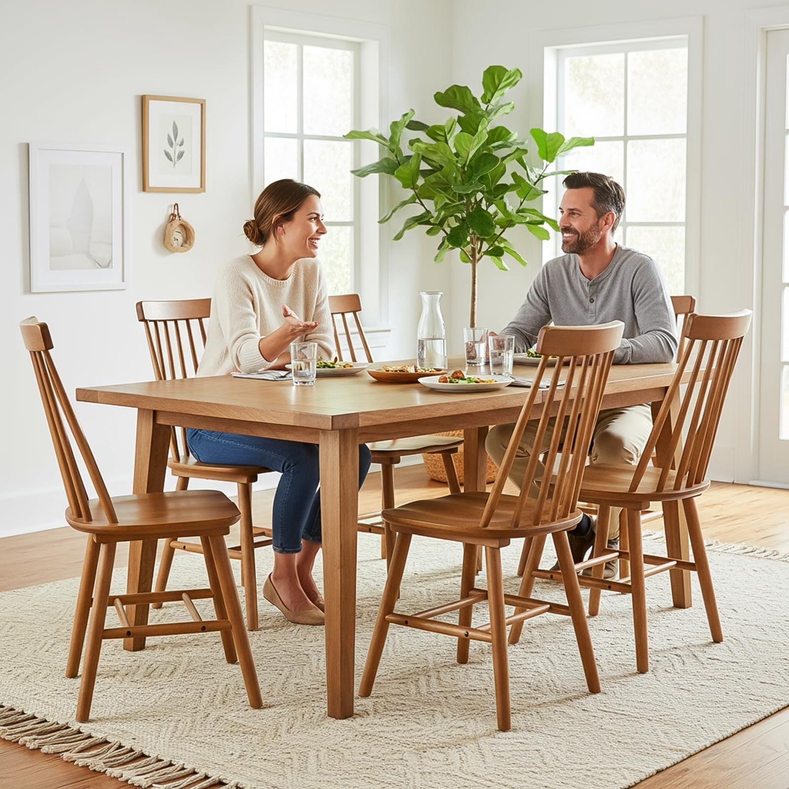 Walnut Farmhouse Dining Chairs Set of 4, Mid Century Modern Spindle Back Wooden Dining Room Chairs for Kitchen & Living Room