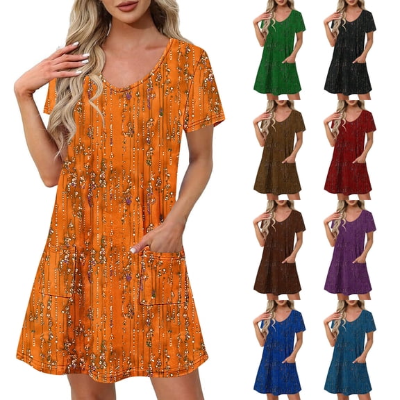 Womens Holiday Dress Plus Size Beach Dress Womens Summer Dresses Women's Fashion Summer Print Short-sleeved V-neck Casual Dress Purple M