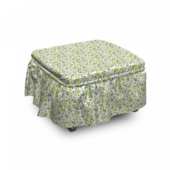 Flower Ottoman Cover, Flourishing Country Flowers, 2 Piece Slipcover Set with Ruffle Skirt for Square Round Cube Footstool Decorative Home Accent, Standard Size, Green Yellow and Cream, by Ambesonne