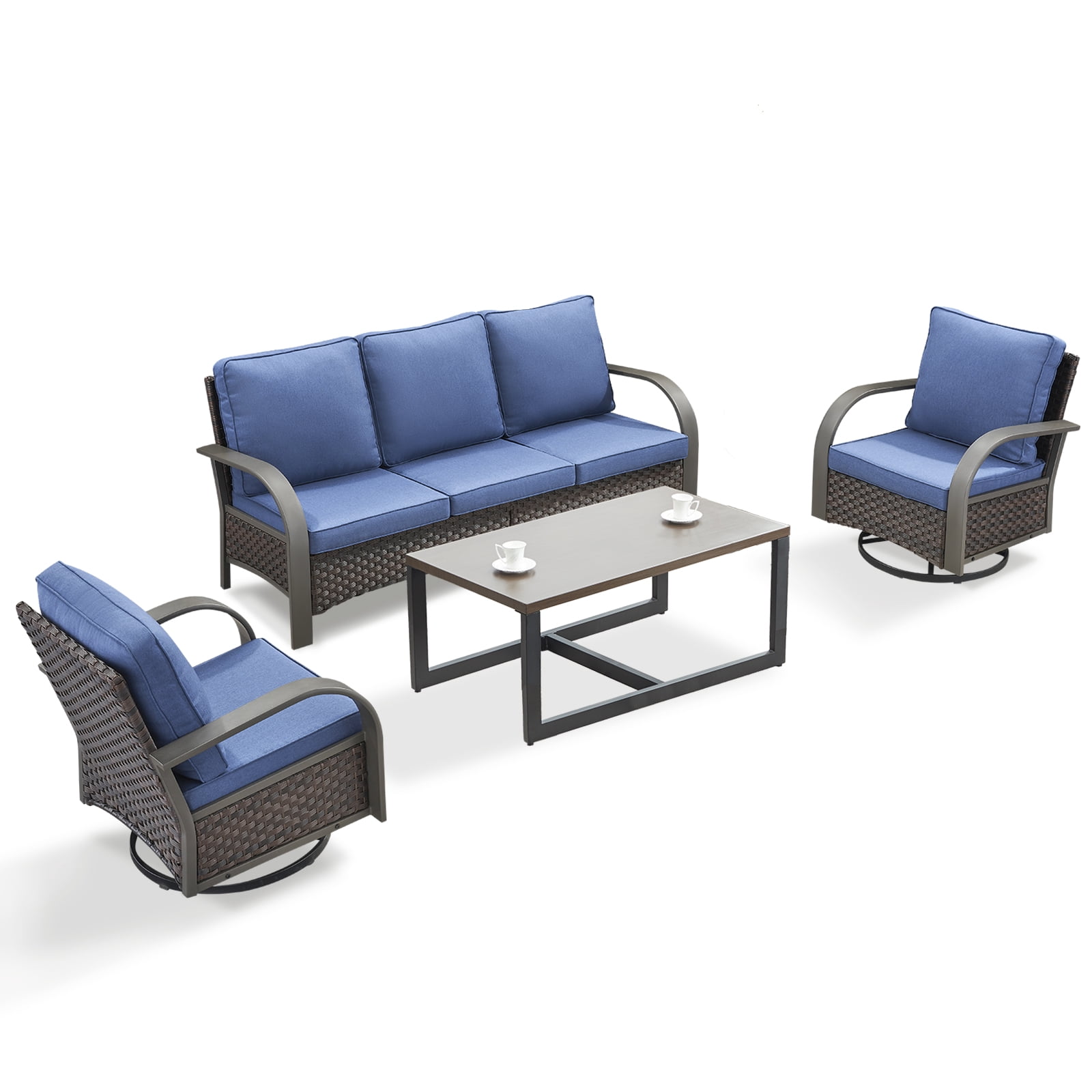 OPOHORO 4-Piece Outdoor Patio Conversation Set, 75-Inch Wicker Sofa with 2 Swivel Rocker Chairs and Coffee Table, Brown Rattan Furniture with Blue Cushions for Deck or Porch