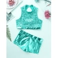 thumbnail image 6 of HULIJA Kids Girls Shiny Sequins Mock Neck Crop Top with Shorts Set Gymnastics Dancewear Lake Green 14, 6 of 7