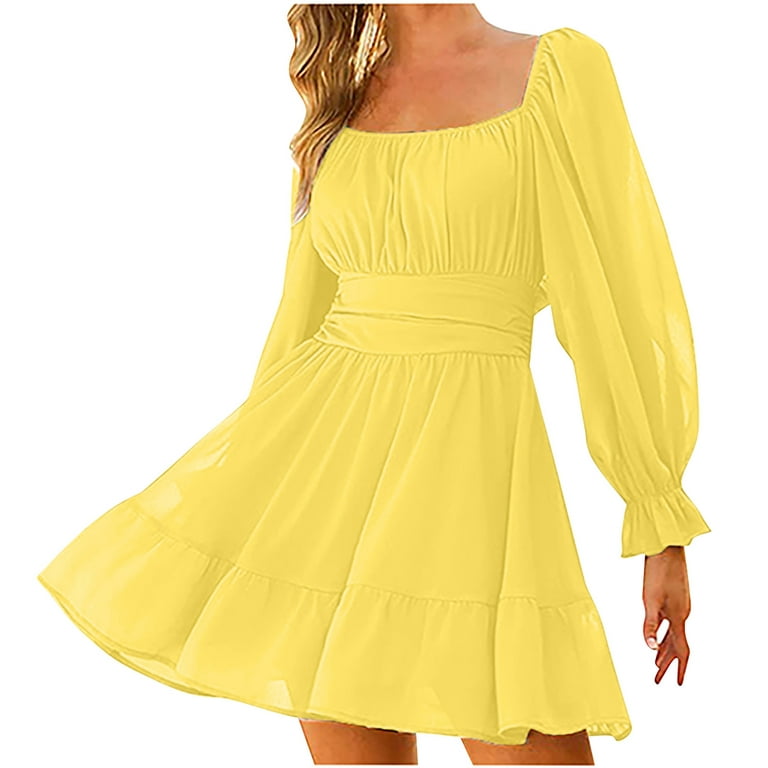 Finelylove Girls Summer Dresses Cocktail Dresses For Woman A-line High-Low  Long Sleeve Solid Yellow XL
