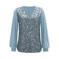 thumbnail image 5 of Feancey Womens Plus Size Sequin Tops Dressy Velvet Long Sleeve V Neck Shirt Fashion Fall Casual Sparkly Party Blouse Elegant Glitter T-Shirts Blue M, 5 of 9