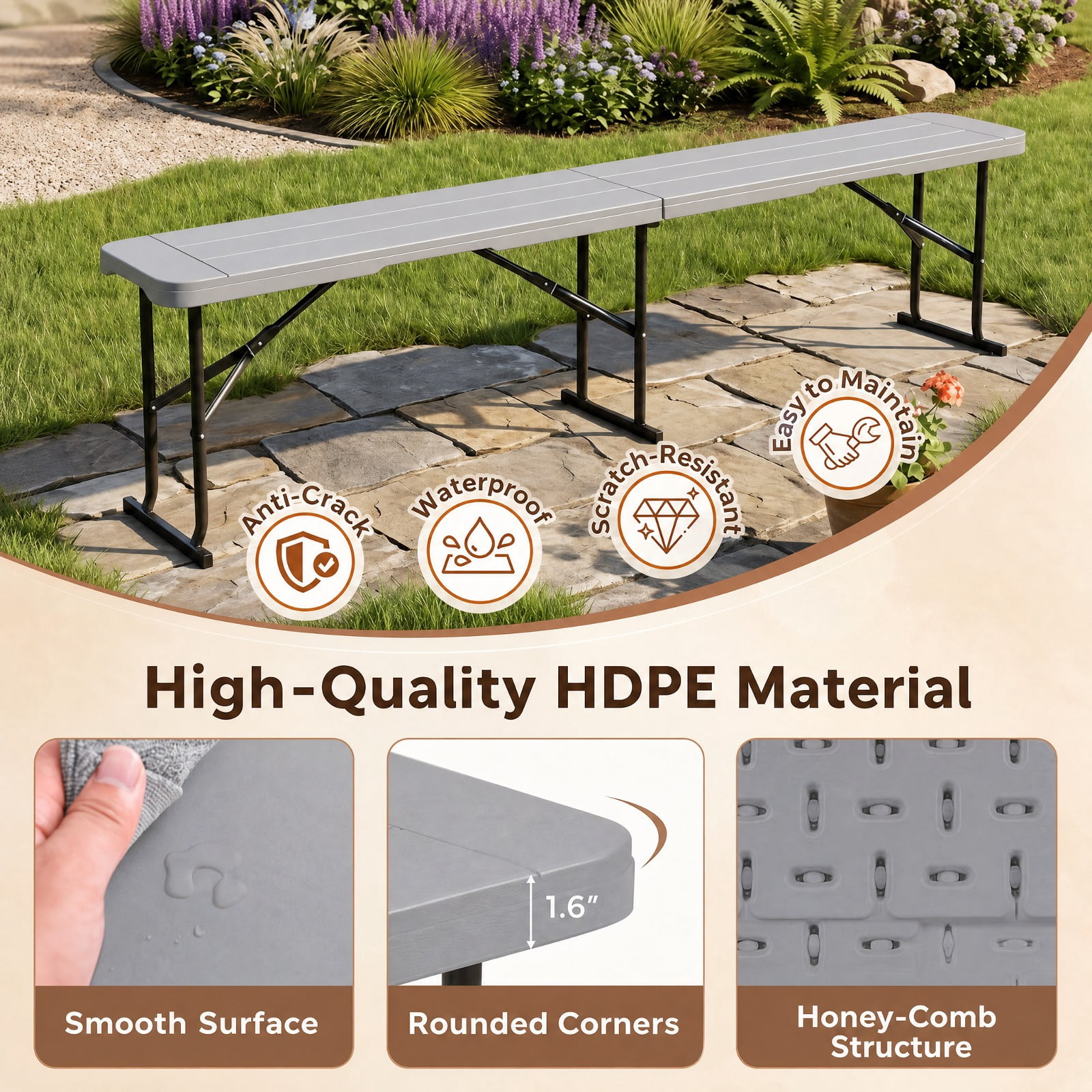 Biotree 6 Feet Folding Bench Portable Seat for Backyard Party 17" x 72" for Picnic Camping Dining, Gray