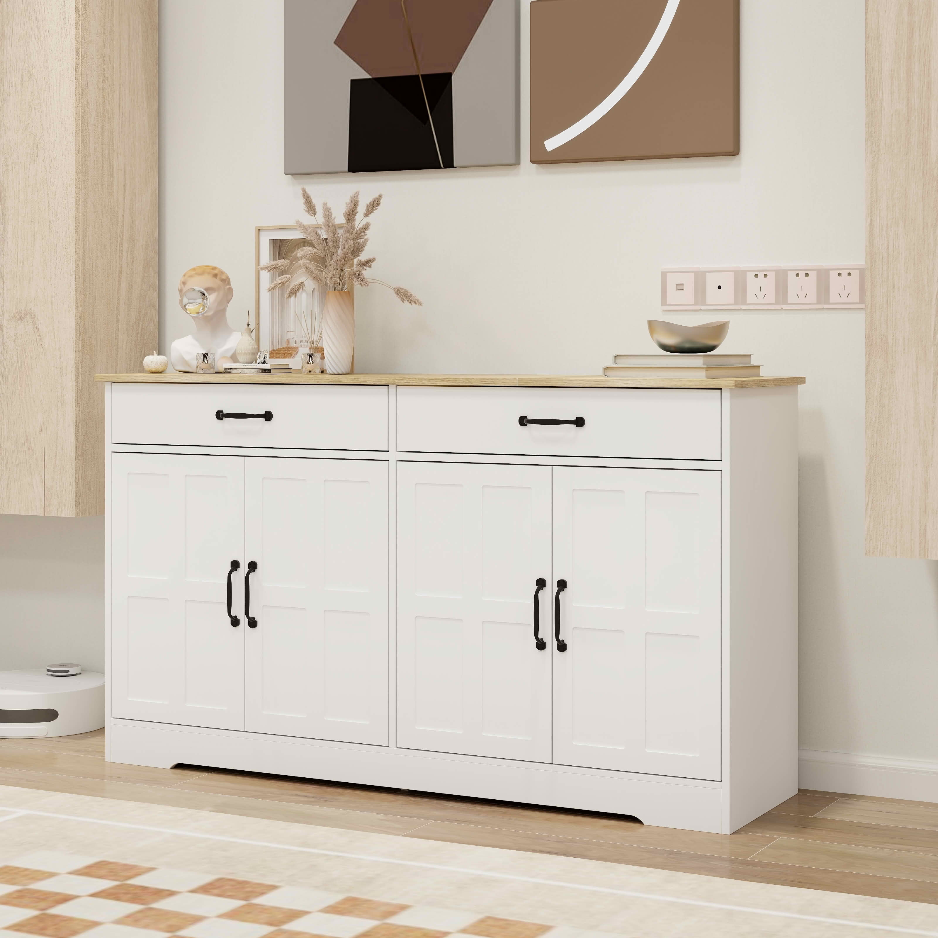 MAYEERTY 55.91-Inch Large Farmhouse Buffet Cabinet, Storage Sideboard with 2 Drawers 4 Doors for Kitchen Dining Room White