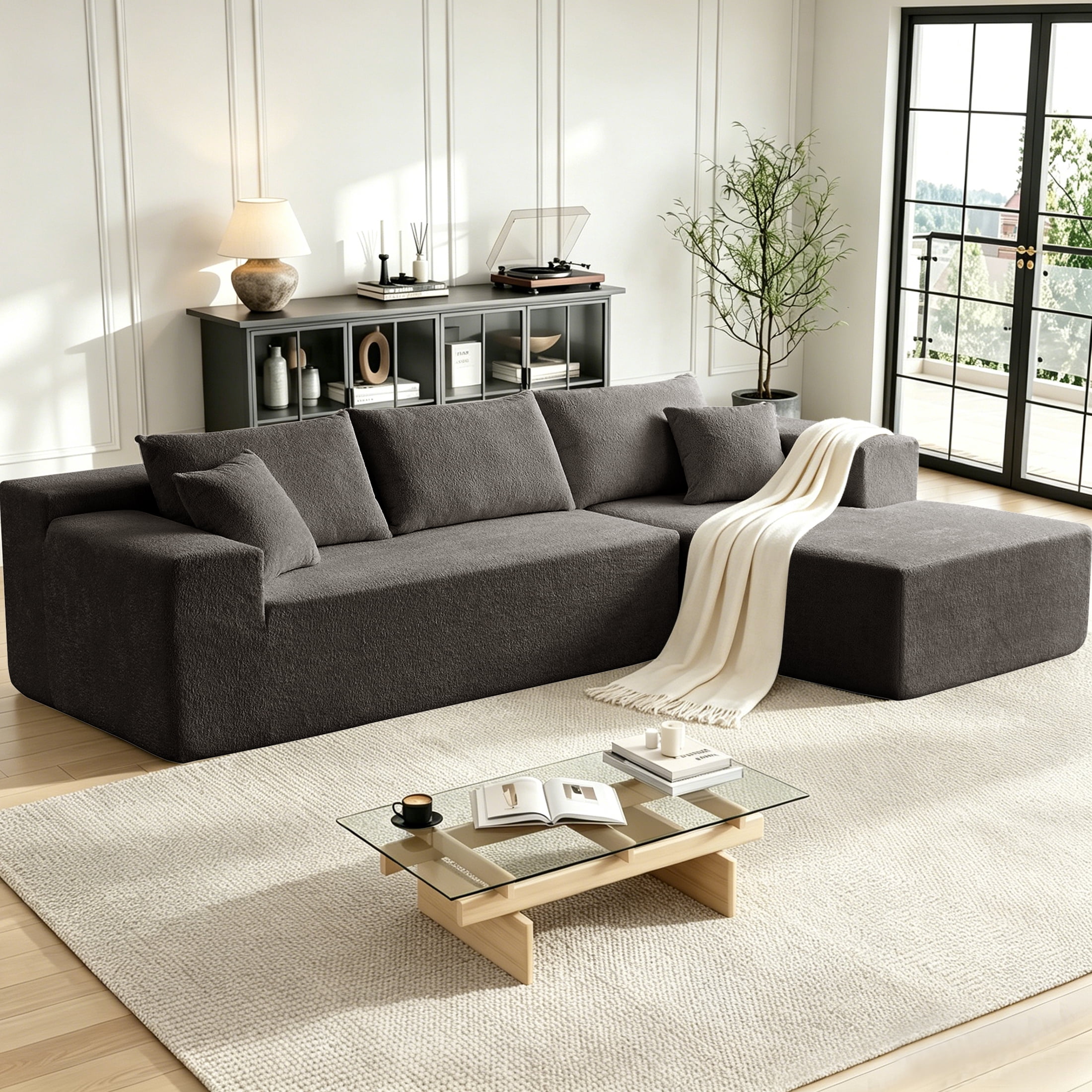 Xiweot 103" Boneless Sectional Sofa for Living Room, Memory Foam Cloud Modular Sectional Couch with Deep Seat, No Assembly Velvet L Shaped Sofa with Right Facing Chaise, Dark Gary