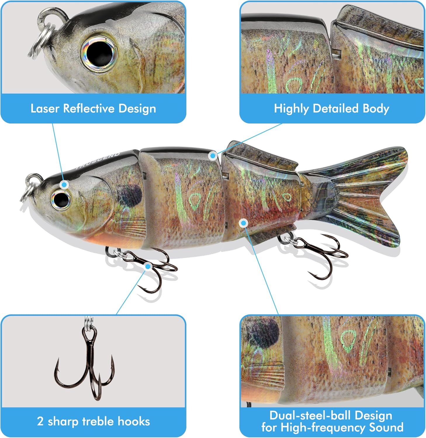 TRUSCEND Easy Catch Swimmax, Magic Noisy Turbulent Wiggling and Vibrating Actions for More Bites, Segmented Swimbait Jointed by Dyneema Strongest Fiber, Lifelike Fishing Lures for Family Fishing