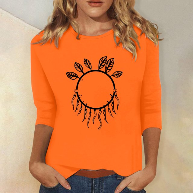 Wanfds Orange Ladies Tops 2025 Dressy Crew Neck Three-Quarter Sleeve Top M