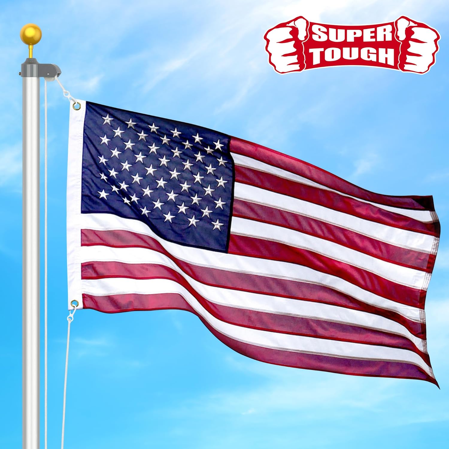 Super Tough 5Ft x 8Ft American Flag - Heavy Duty Polyester USA Flag with Embroidered Stars and Sewn Stripes Suitable for All Weather - Red/White/Blue
