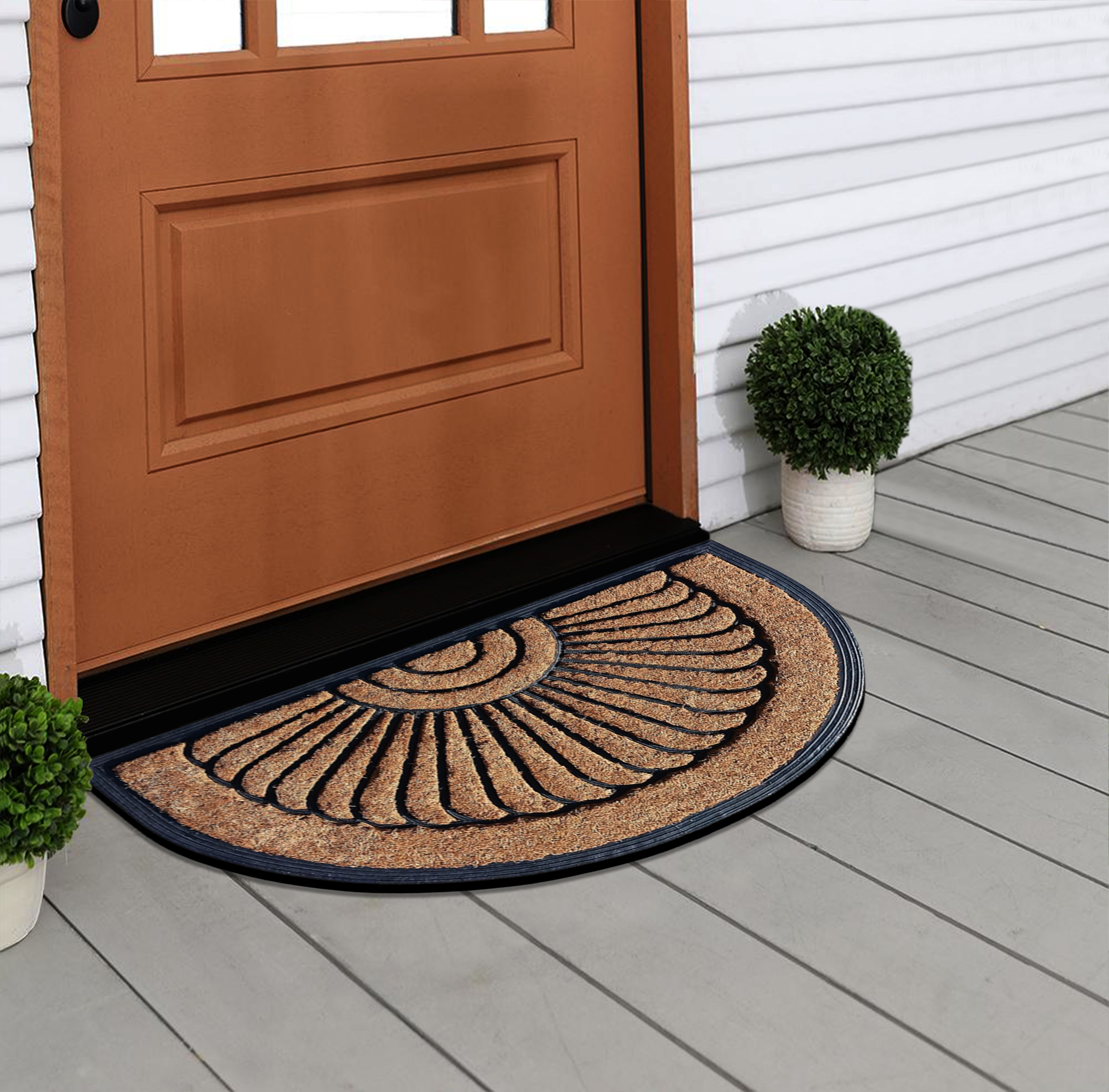 A1HC Natural Coir & Rubber Half Round Door Mat 18x30 Inches Thick Durable Doormats for Entrance Heavy Duty, Long Lasting Front Entry Doormat, Sunburst Black