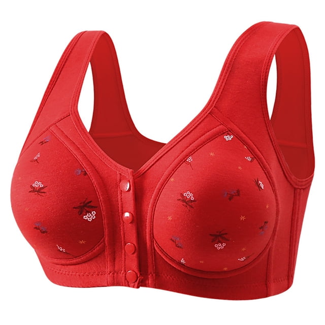 Sports Bras Cotton Front Closure Lace Trim Wireless Bra Middle Age Queen Size Comfort Plus Size Bra Red 42