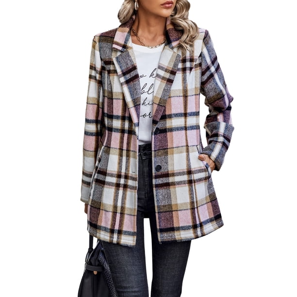 Abrigo PRETTYGARDEN de mezcla de lana a cuadros con botones, color rosa, talla S