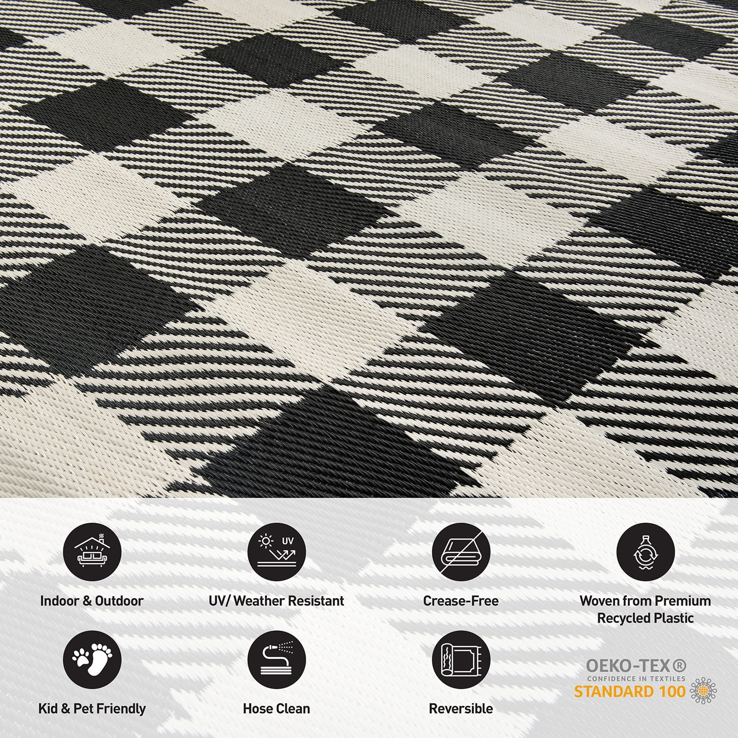 World Rug Gallery Buffalo Plaid Reversible Plastic Indoor and Outdoor Picnic Mat, Camping Rug, RV Rug - BLACK 7'10"X10'