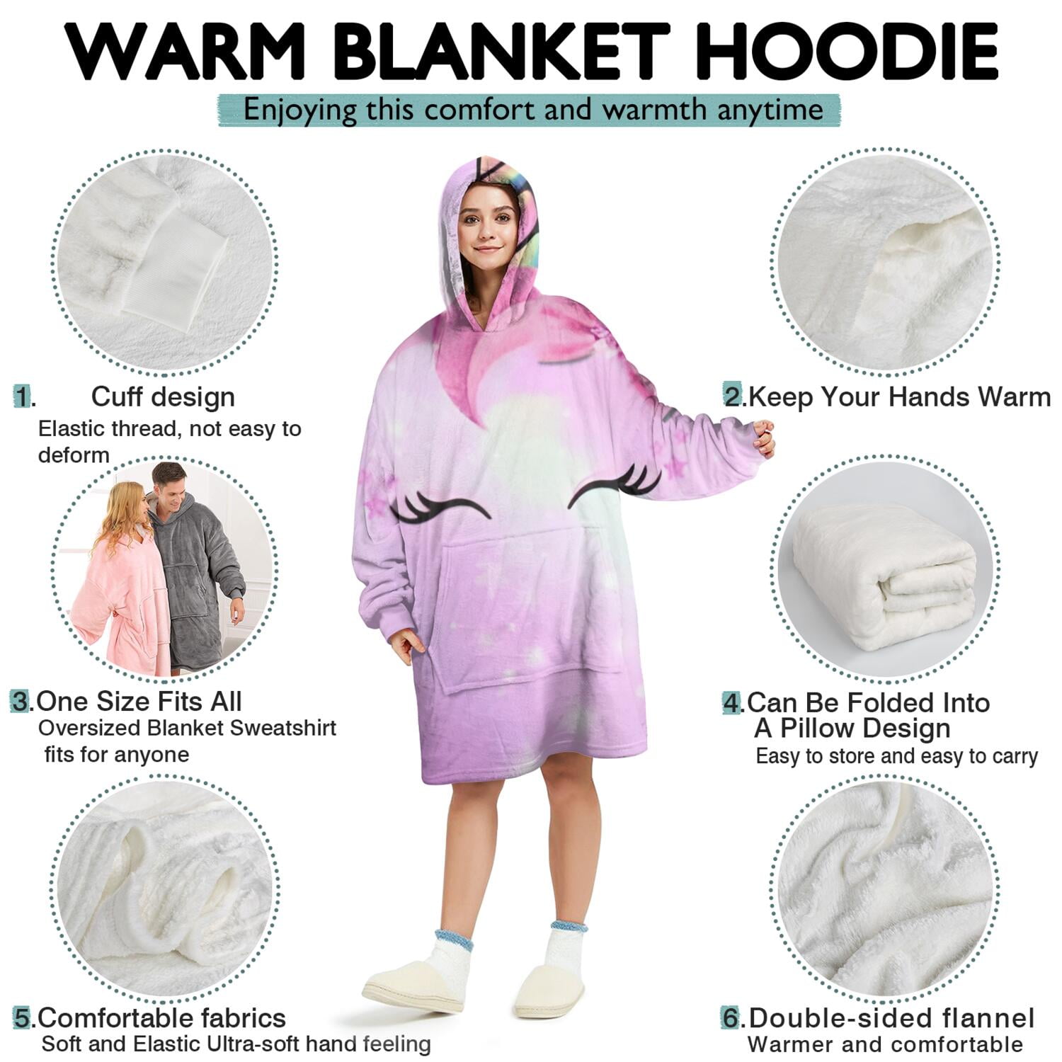 Wearable Oversized Blanket,Rainbow Unicorn Pattern Wearable Blanket Hoodie for Adults,Cozy Hooded Blankets with Super Pockets,Super Warm Fuzzy Pullover for Women & Men