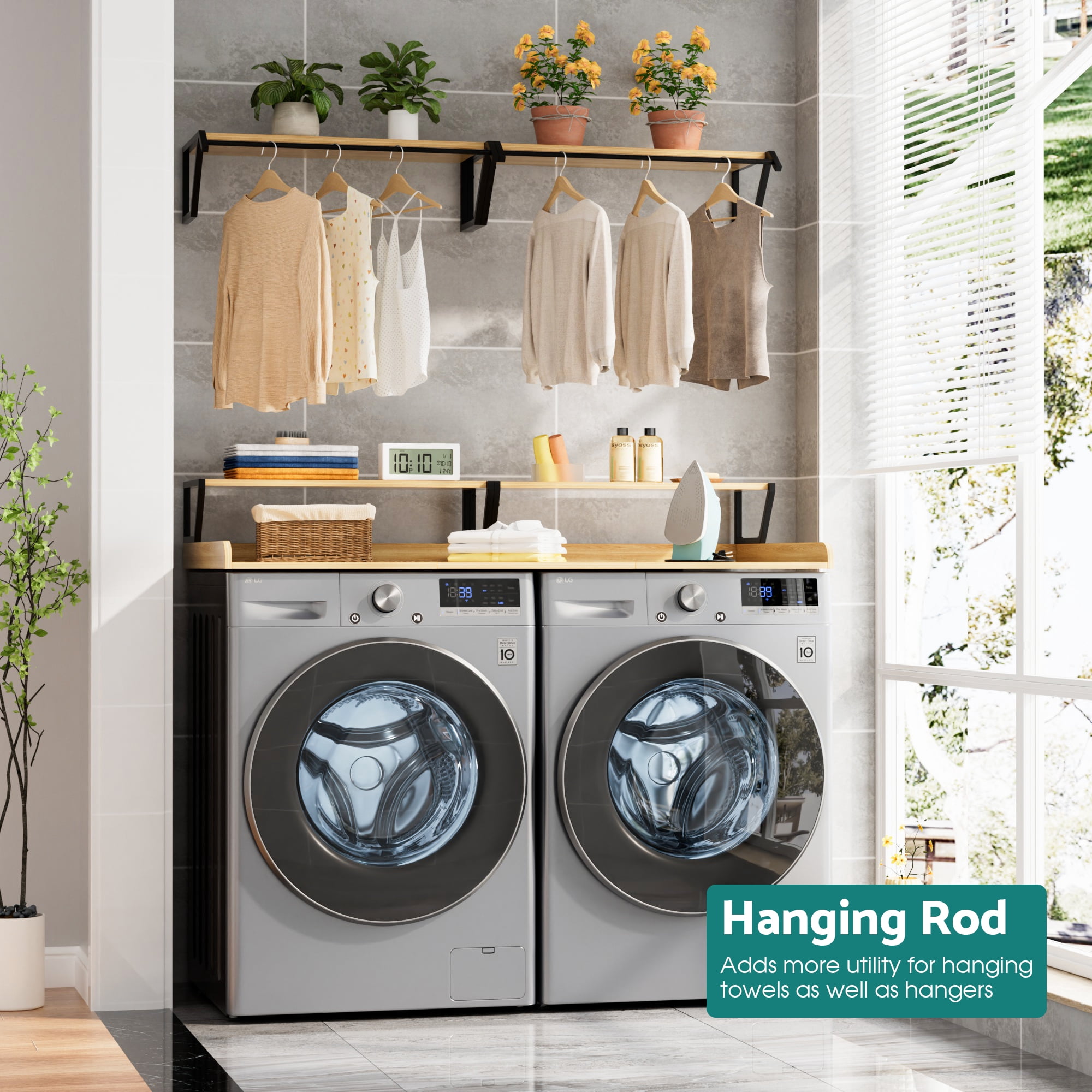 Advwin 54" Washer Dryer Countertop with Hanging Rod & Storage Shelves, Laundry Room Countertop Set, Washer and Dryer Topper with Anti-Slip Pads, Natural
