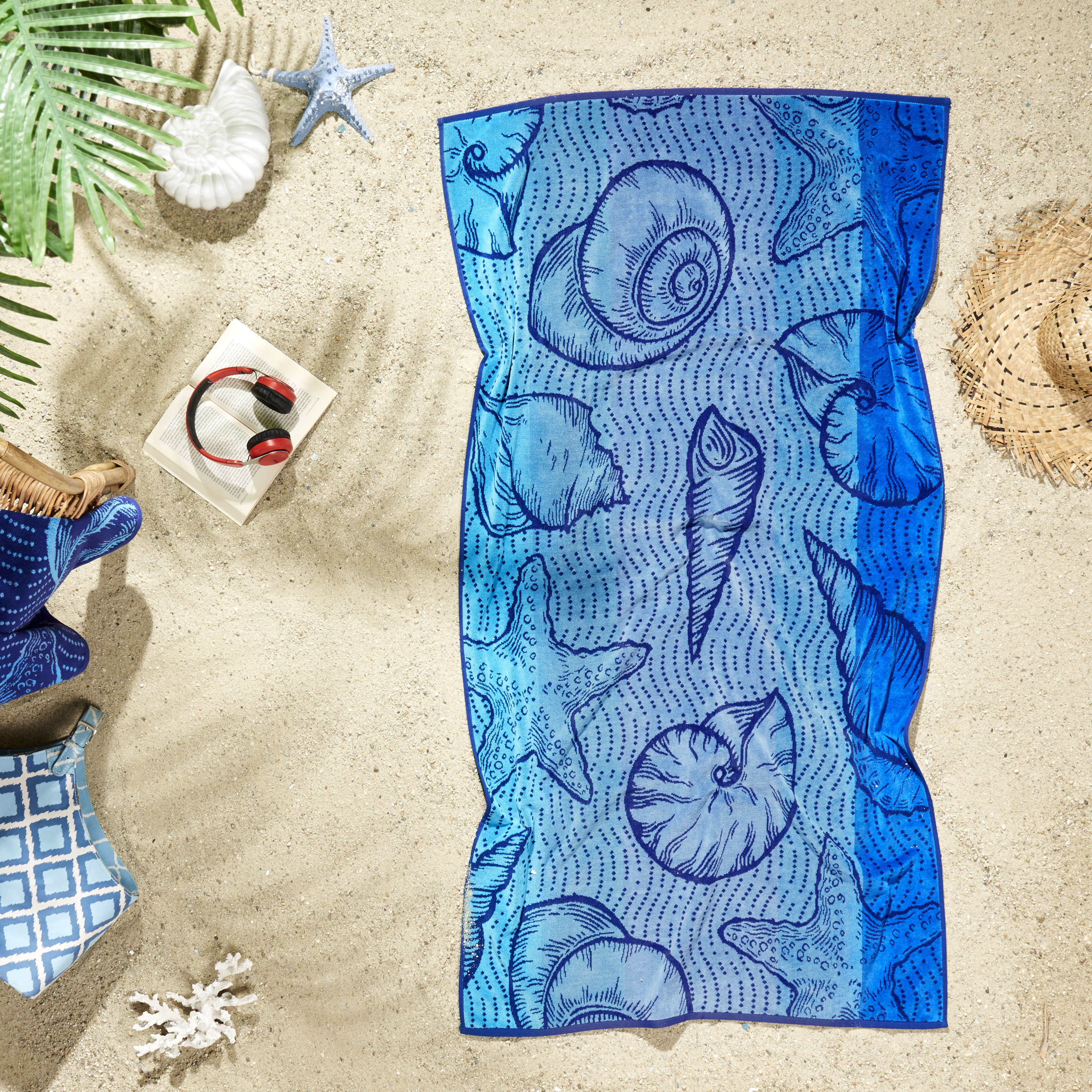Ozdilek 34x64 Beach Towel - 100% Turkish Cotton, Luxury Soft Velour, Quick Dry, Absorbent, Fade-Resistant, Oversized Pool & Spa Towel,  Sea Shell Design, Eco-Friendly (Ocean Serenity)