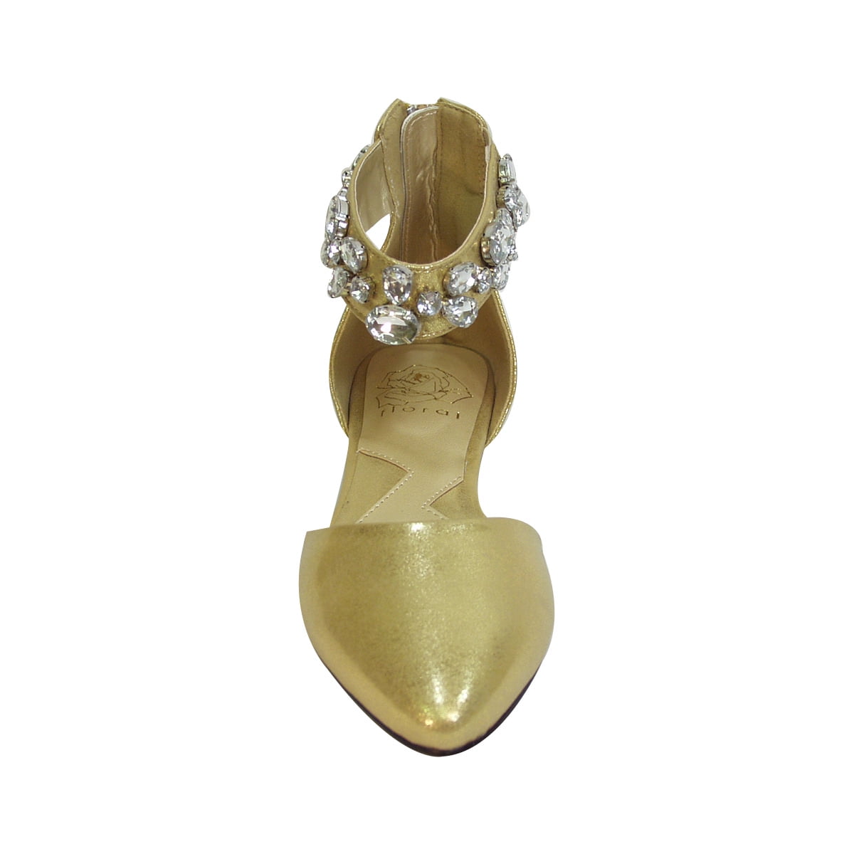 FUZZY Jill Women Wide Width Open Shank Decorative Crystal Elastic Ankle Strap Flats GOLD 9