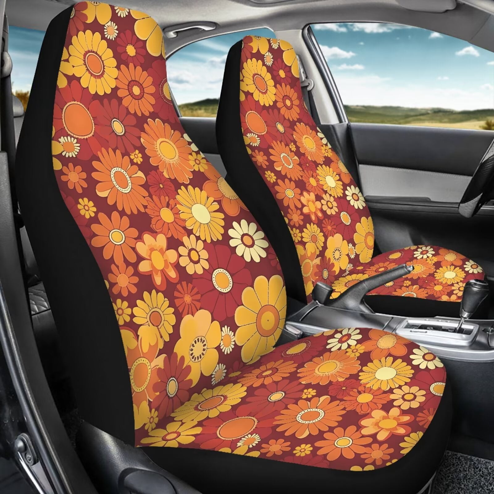 Uorisanigo Car Accessories Car Front Seat Covers Aesthetic Flowers Print Stretch Polyester Fabric Cover Protection Interior Accessories Universal Size Fit for Most Cars SUVs Trucks Vans