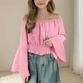 thumbnail image 4 of Favoffer Summer Girls Off-Shoulder Flared Sleeve Top Solid Color Waist-Cinched Stylish Breathable Stretchy Tee Casual Party Travel Home 5-15Y, 4 of 5