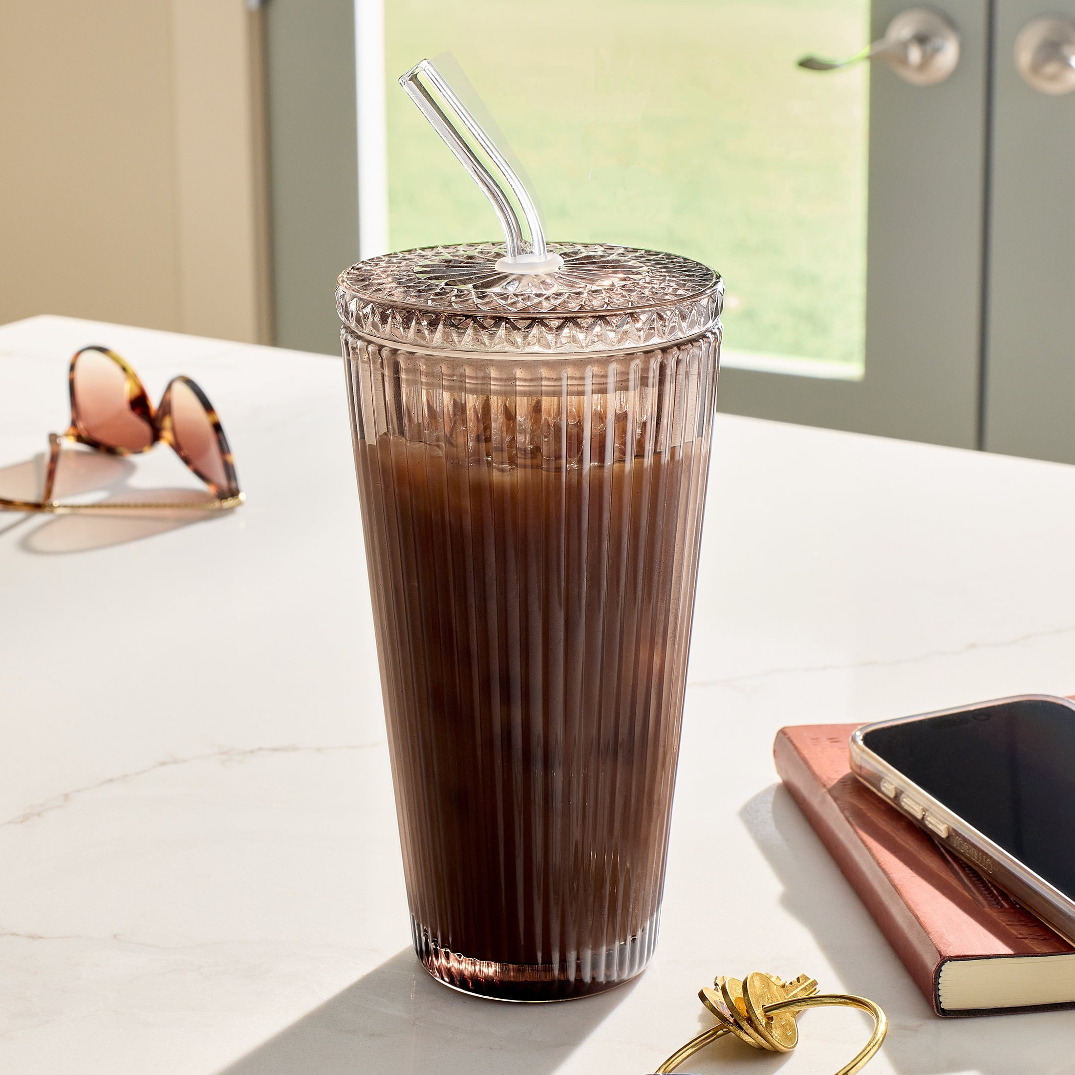 Better Homes & Gardens 21 oz Brown Ribbed Glass Tumbler with Glass Lid and Straw