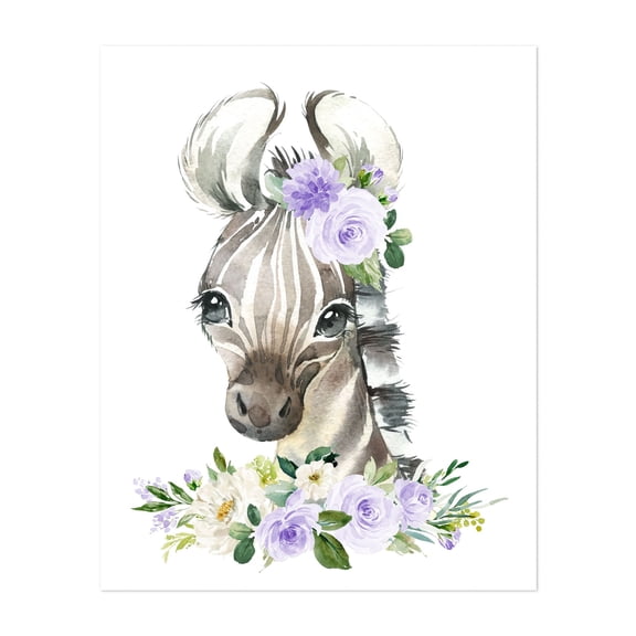 Zebra, Jungle Animals, Safari Animals, Purple Flowers, Gender Neutral Nursery - Illustration Watercolor Animal Floral Whimsical Botanical Unframed Wall Art Print 6 x 8 inches