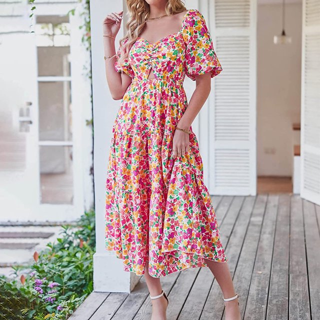 Vestido Midi De Playa Vestido midi de playa para mujer Vestido de verano plisado con mangas abullonadas y estampado floral (Rojo XL) Cgtredaw Para estrenar