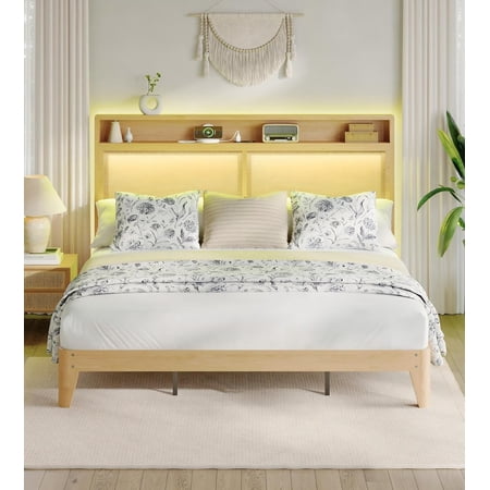 King Size Platform Bed Frame with LED Lights and Charging Station Boho Wood Style