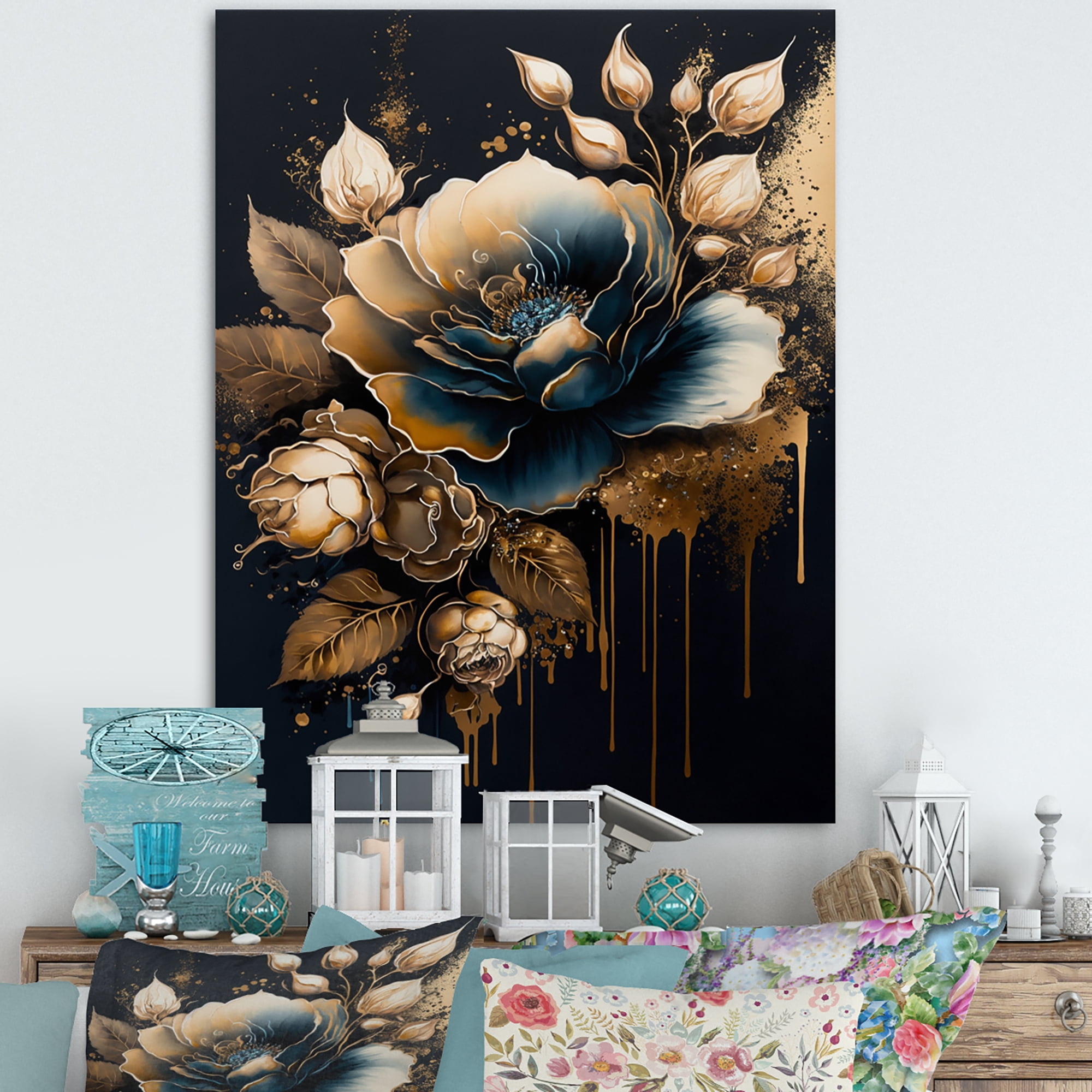 Designart Navy Blue And Gold Rose II Canvas Wall Art