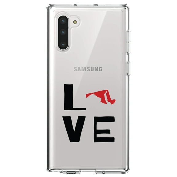 DistinctInk Clear Shockproof Hybrid Case for Samsung Galaxy Note 10 (6.3" Screen) - TPU Bumper Acrylic Back Tempered Glass Screen Protector - Maryland - Love Black & Red