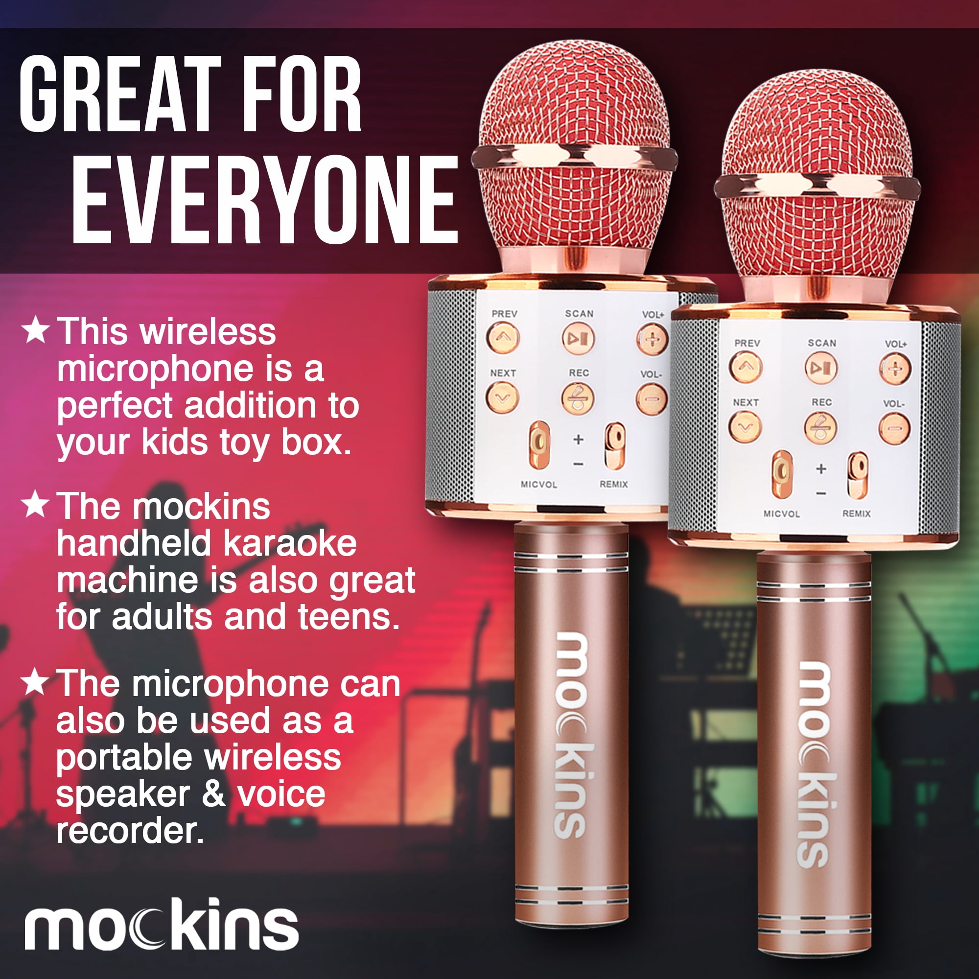 Mockins Rose Gold Handheld Singing Microphones | 2-Pack | Bluetooth Speakers
