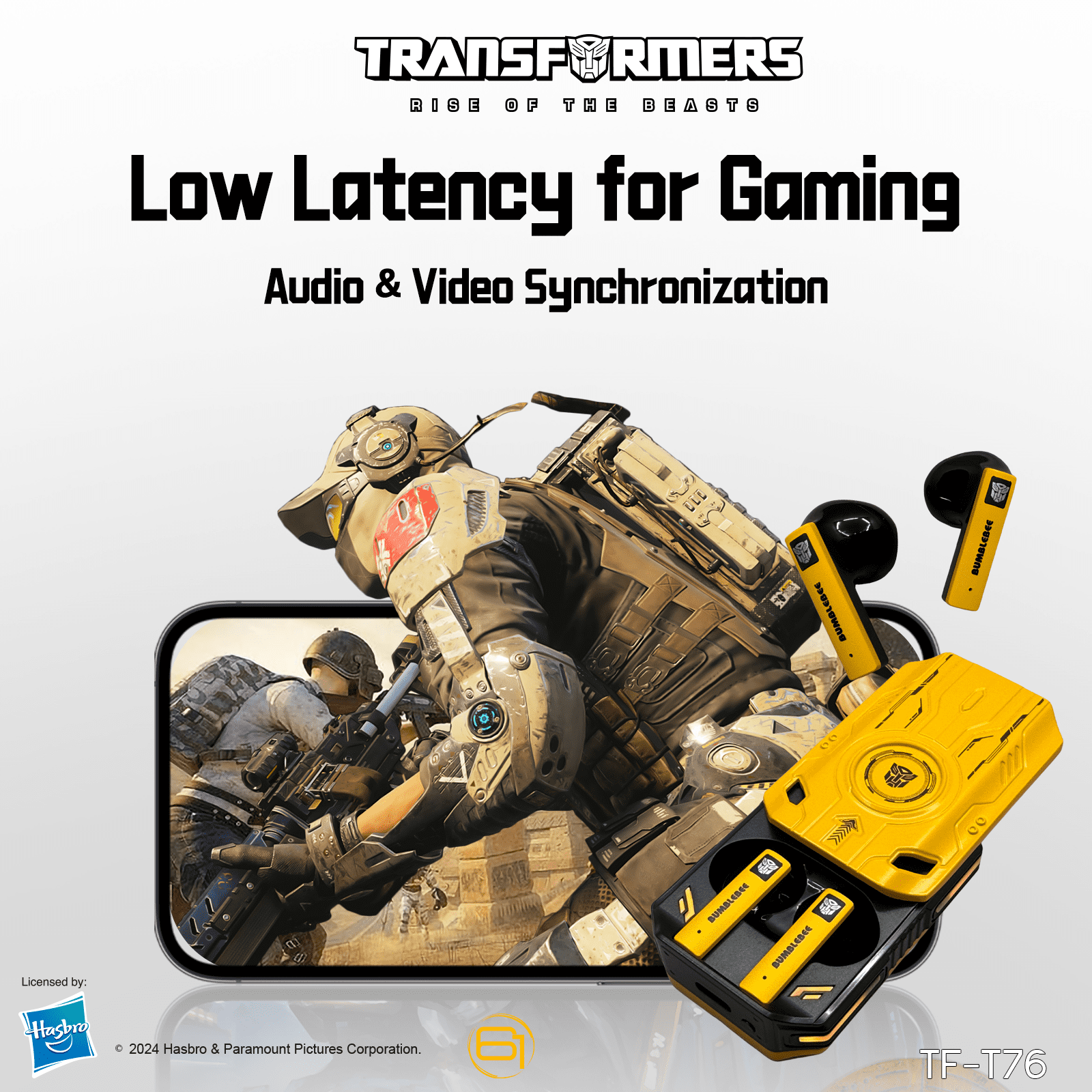 Transformers TF-T76 True Wireless Bluetooth 6.0 Earbuds with Mic, Mecha Zinc Alloy Armor Case, Low-Latency Game/Music Modes, Hi-Fi 13mm Drivers, HD Calling, 40H Total Playtime - Bumblebee Yellow